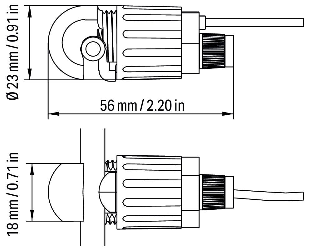 Technický diagram valcového snímača zobrazujúci rozmery: dĺžka 56 mm, šírka 23 mm. Zahrnutý pohľad zhora a z boku.
