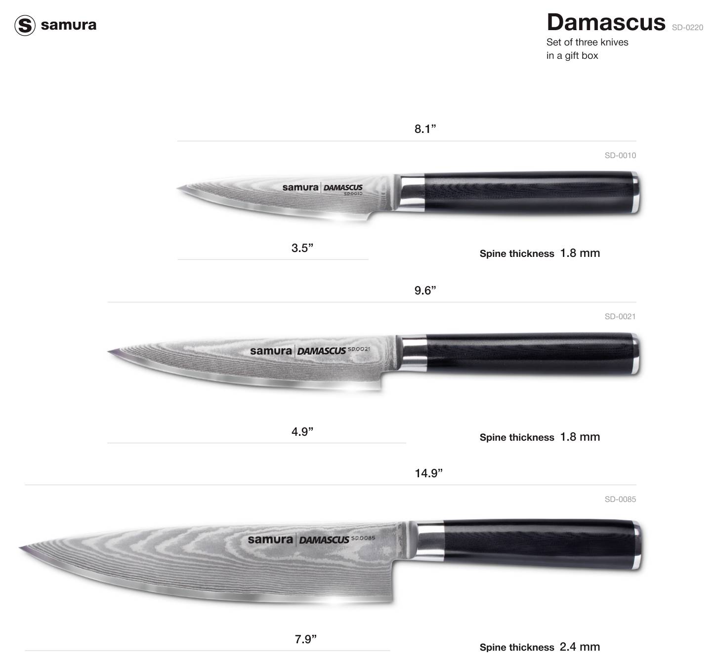 Sada kuchynských nožov Samura Damascus, 3-dielna, v darčekovej krabičke: nôž na lúpanie, univerzálny nôž, kuchársky nôž -3