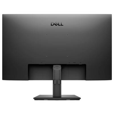 Obrázok zobrazuje zadnú stranu čierneho počítačového monitora Dell s elegantným, moderným dizajnom, namontovaného na obdĺžnikovom stojane.