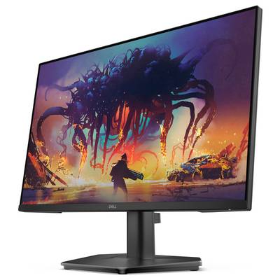 Počítačový monitor zobrazujúci živý digitálny artwork osoby čeliacej veľkému, ohnivému tvorstvu pod farebnou oblohou.