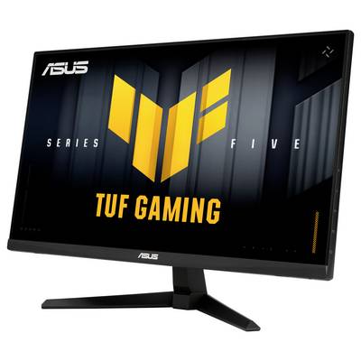 Monitor série ASUS TUF Gaming Five s elegantným dizajnom s uhlovaným stojanom a výraznými žltými grafikami na čiernej obrazovke.