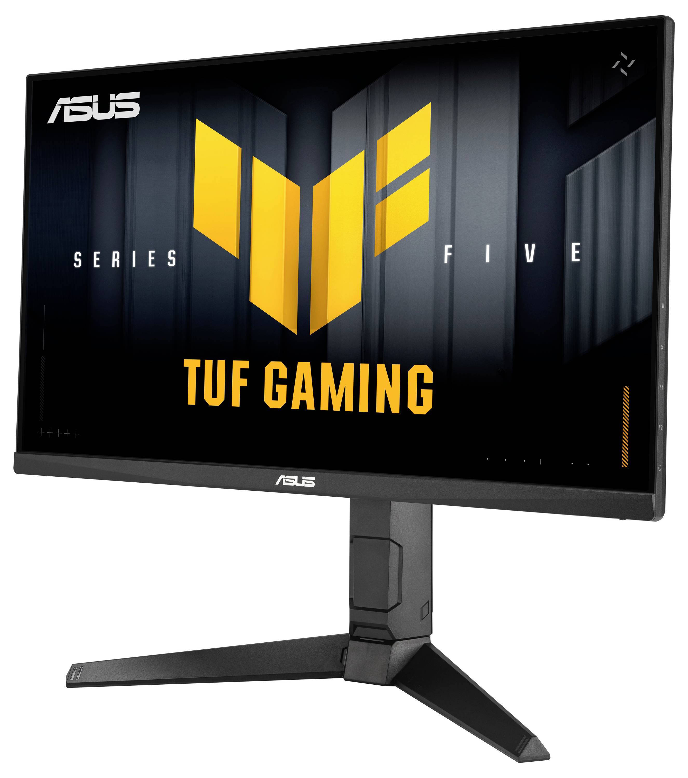 Počítačový monitor s logom Asus TUF Gaming, s textom „Series Five", zobrazený na stabilnom stojane s minimalistickým dizajnom.