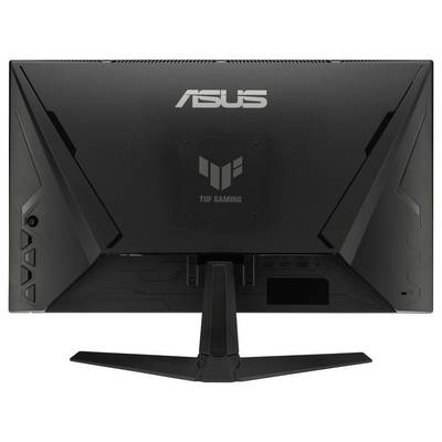 Čierny monitor ASUS TUF Gaming zobrazený zozadu, ktorý ukazuje charakteristický uhlový dizajn a logo značky v strede.