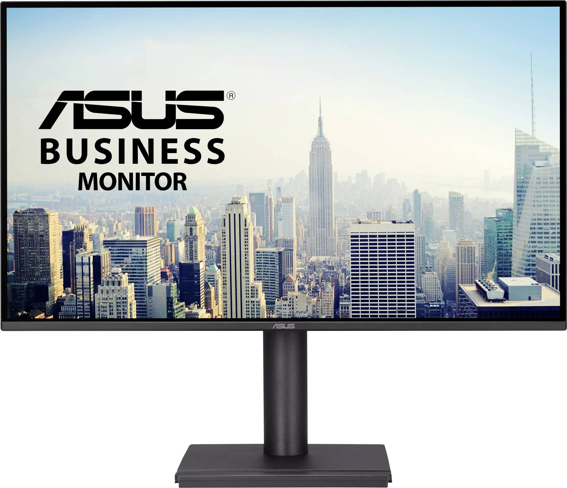 ASUS obchodný monitor zobrazujúci mestskú panorámu s mrakodrapmi pod jasnou modrou oblohou.