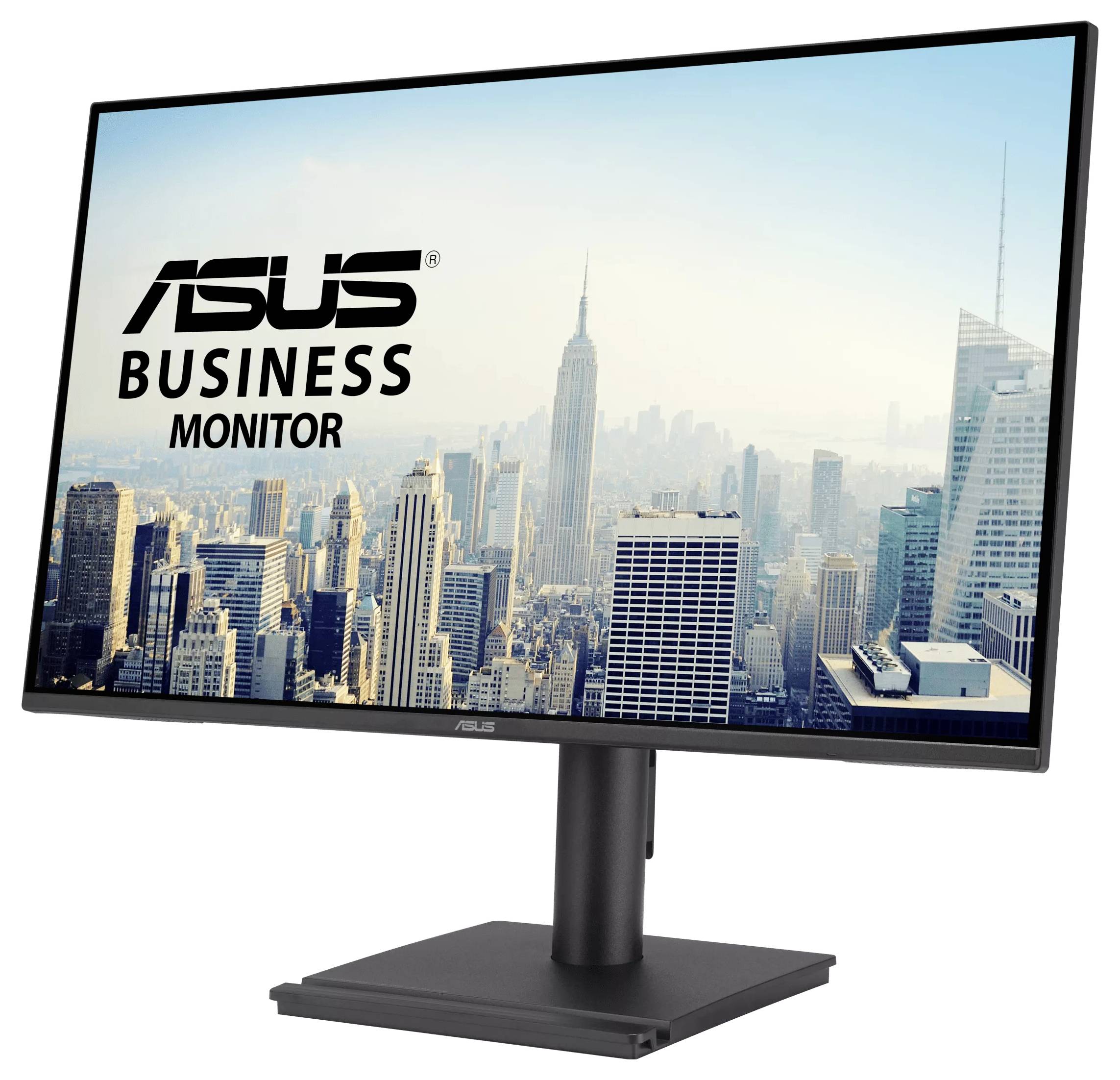 ASUS firemný monitor zobrazujúci mestskú panorámu so mrakodrapmi, pričom zdôrazňuje jeho využitie v profesionálnych a firemných prostrediach.