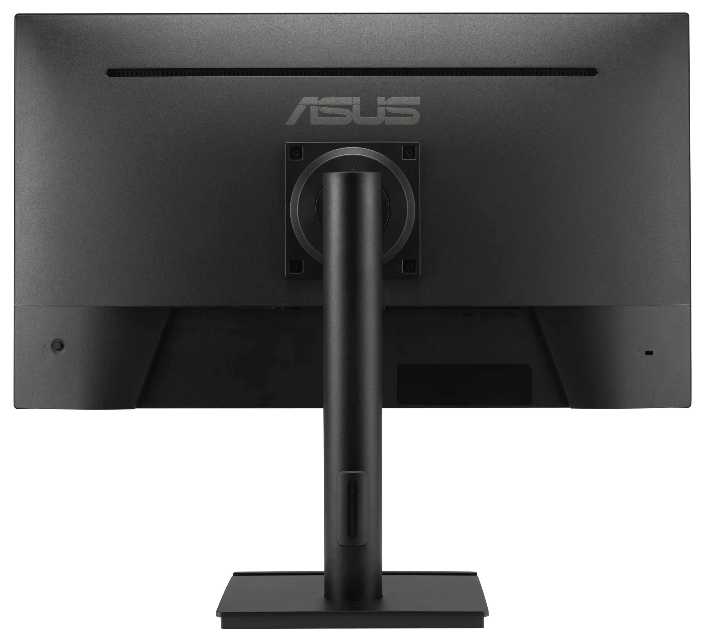 Monitor počítača 'ASUS' zobrazený zozadu s vyzdvihnutím stojanu a loga značky.