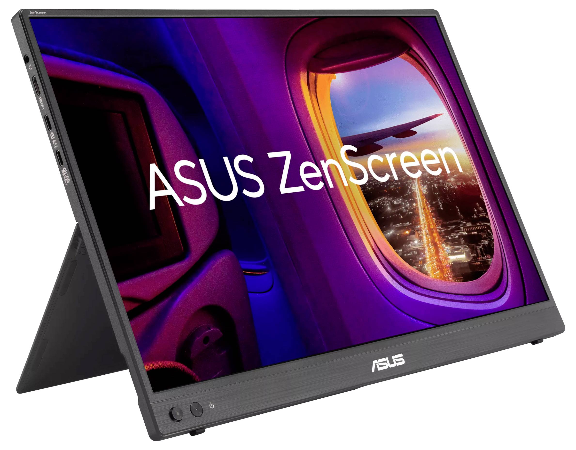 Prenosný ASUS ZenScreen displej zobrazujúci výhľad z okna lietadla na mestskú scenériu počas západu slnka, s vibrantými farbami na obrazovke.