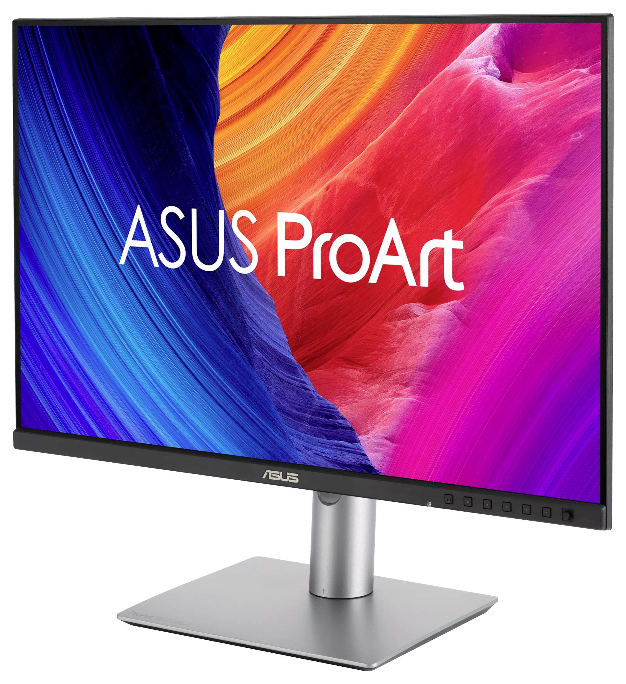 Počítačový monitor zobrazuje logo "ASUS ProArt" na živom, farebnom pozadí s modrými, oranžovými a ružovými vírmi.