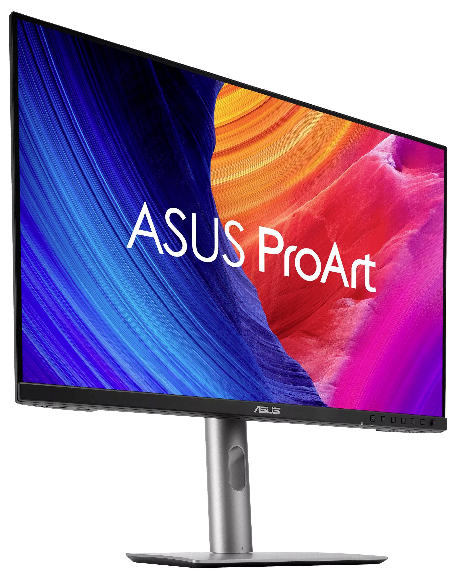Monitor ASUS ProArt s živým, farebným abstraktným pozadím zobrazeným na obrazovke, obsahujúcim logo "ASUS ProArt".