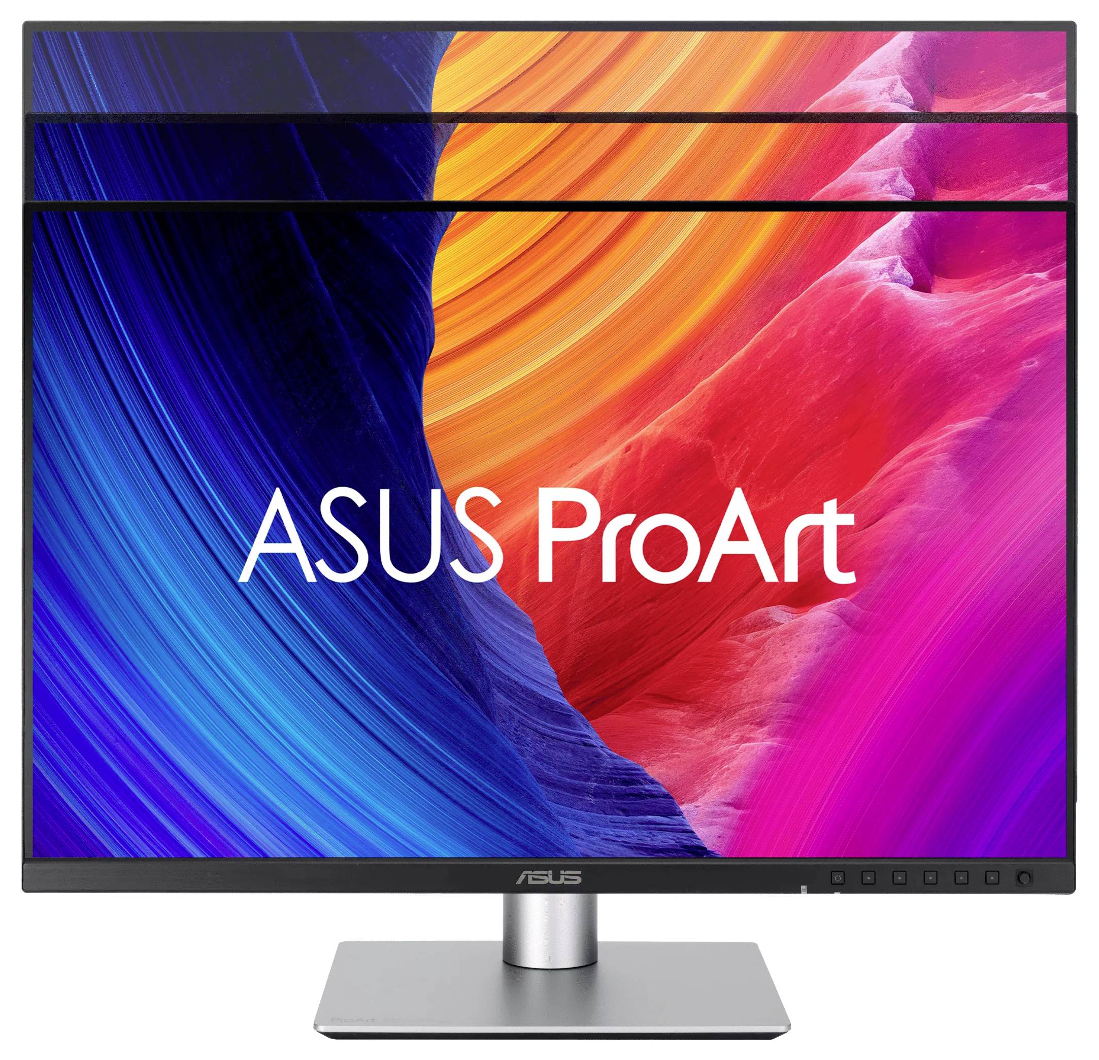 ASUS ProArt monitor zobrazujúci živé abstraktné farby v modrých, oranžových, ružových a červených odtieňoch.