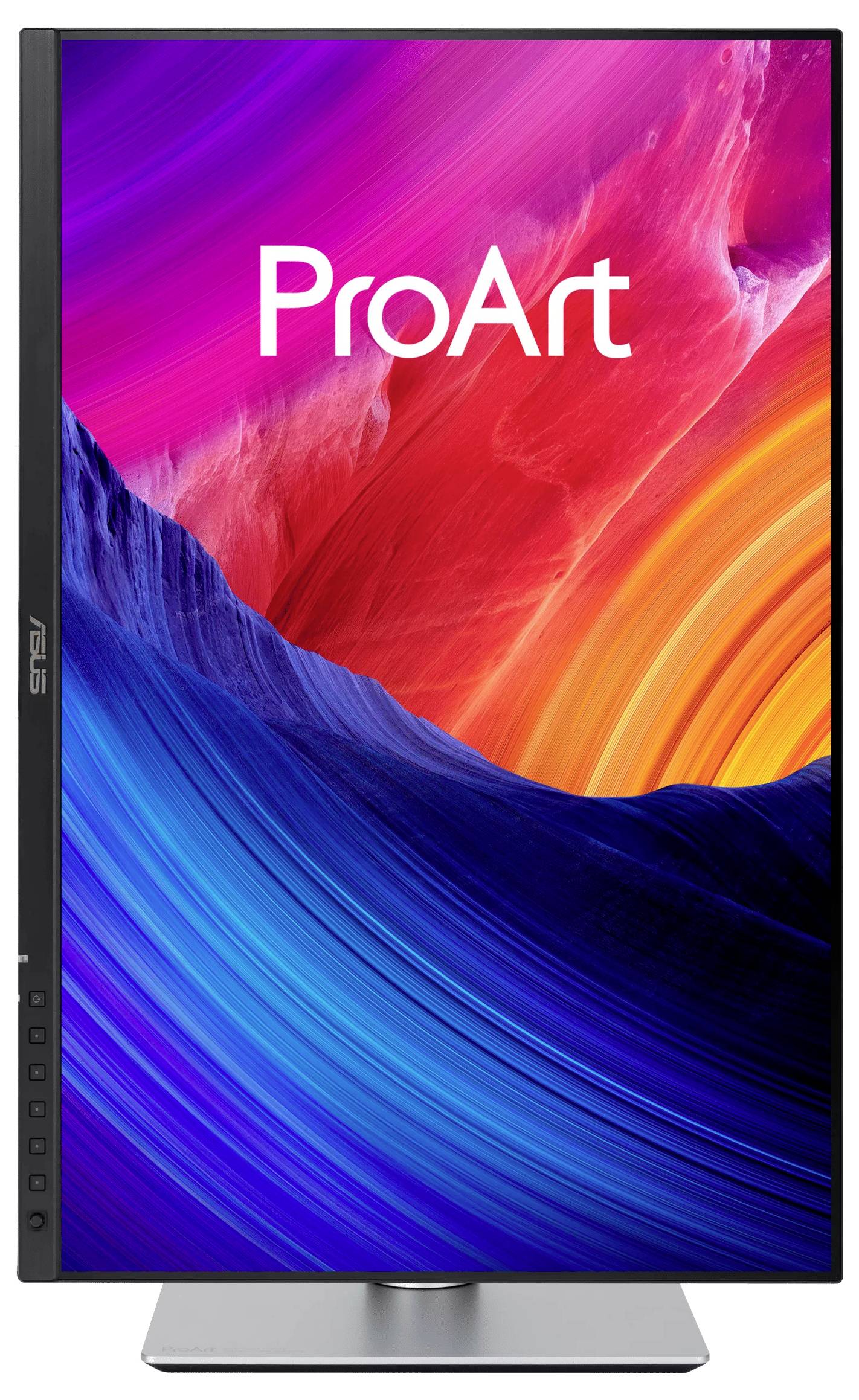 Monitor ASUS ProArt s živým abstraktným návrhom na obrazovke, obsahujúcim víriauce odtiene červenej, oranžovej a modrej, ktoré zdôrazňujú kreativitu.