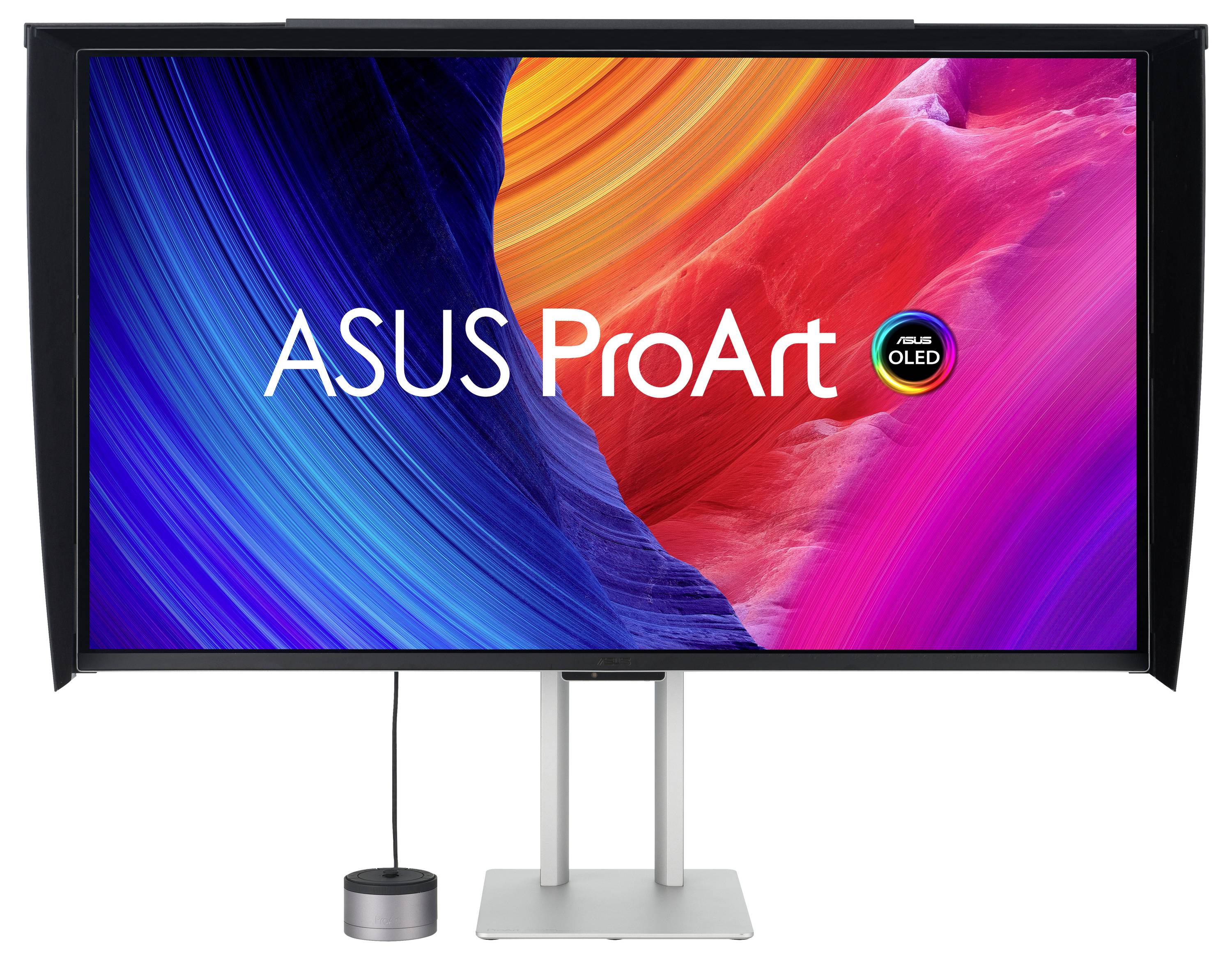 'ASUS ProArt OLED monitor s živým abstraktným pozadím v modrej, oranžovej a ružovej farebn, ktorý predvádza presnosť farieb a kontrast.'