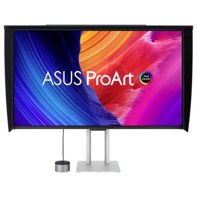 'ASUS ProArt OLED monitor s živým abstraktným pozadím v modrej, oranžovej a ružovej farebn, ktorý predvádza presnosť farieb a kontrast.'