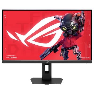ASUS ROG monitor zobrazujúci červené pozadie s logom ROG a futuristickou postavou robota v prilbe držiaceho zbraň.