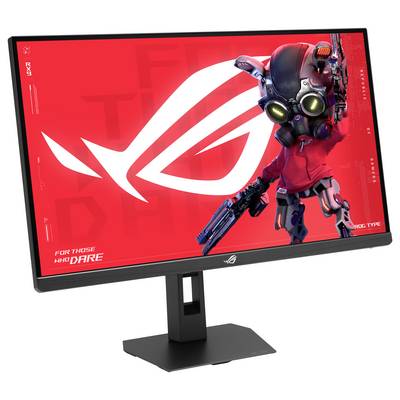 Herný monitor zobrazujúci červené pozadie s logom ROG a futuristickú postavu v červenom oblečení a helme držiacu zbrane.