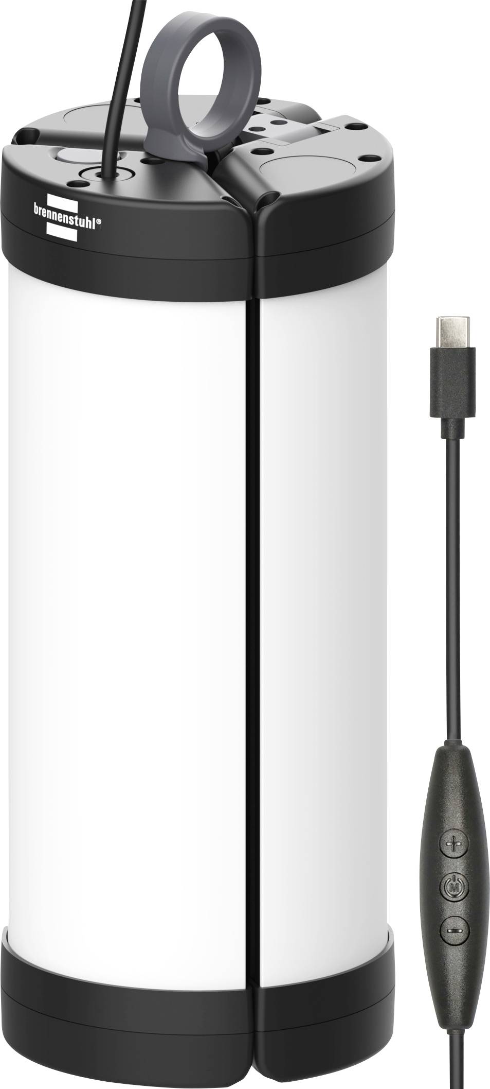 Prenosné čiernobiele elektrické vzduchové čerpadlo s rukoväťou a pripojeným USB nabíjacím káblom, zobrazené vzpriamené s trojgombíkovým vloženým ovládačom.