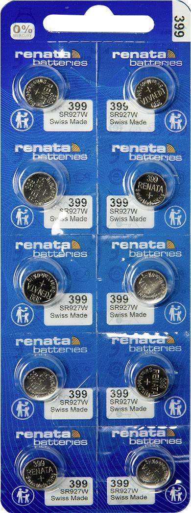 Karta "Renata batteries" zobrazuje desať gombíkových batérií, označených "399 SR927W Swiss Made", každá s modrým a bielym balením.