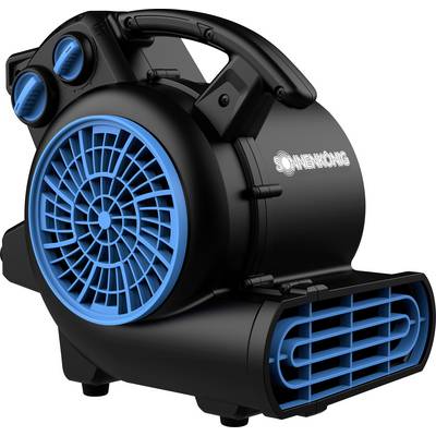 Čierny a modrý priemyselný ventilátor s rukoväťou a viditeľnými komponentmi ventilátora.