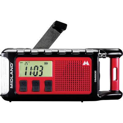 Červené núdzové rádio s LCD displejom zobrazujúcim „11:03" a „25°C". Medzi funkcie patrí baterka, ručná kľuka a tlačidlá pre menu a ladenie.
