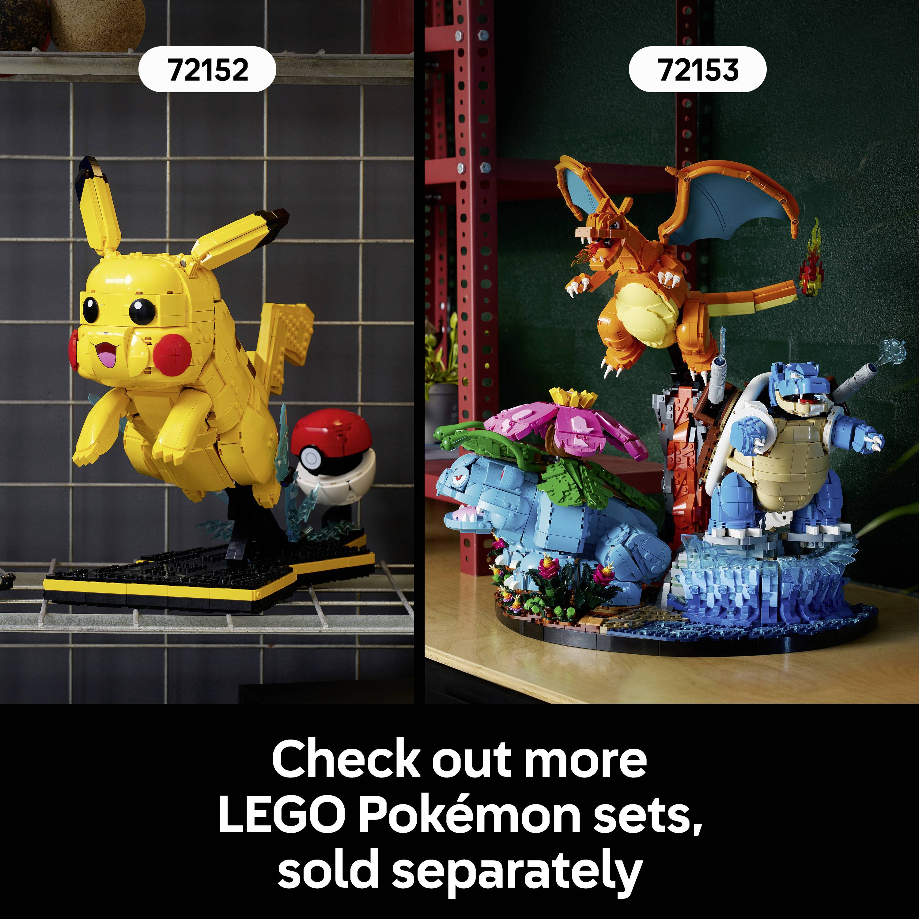 Displej zobrazujúci LEGO Pokémon modely: Pikachu, Charizard, Venusaur a Blastoise. Text znie "Pozrite si ďalšie sady LEGO Pokémon, predávajú sa osobitne."