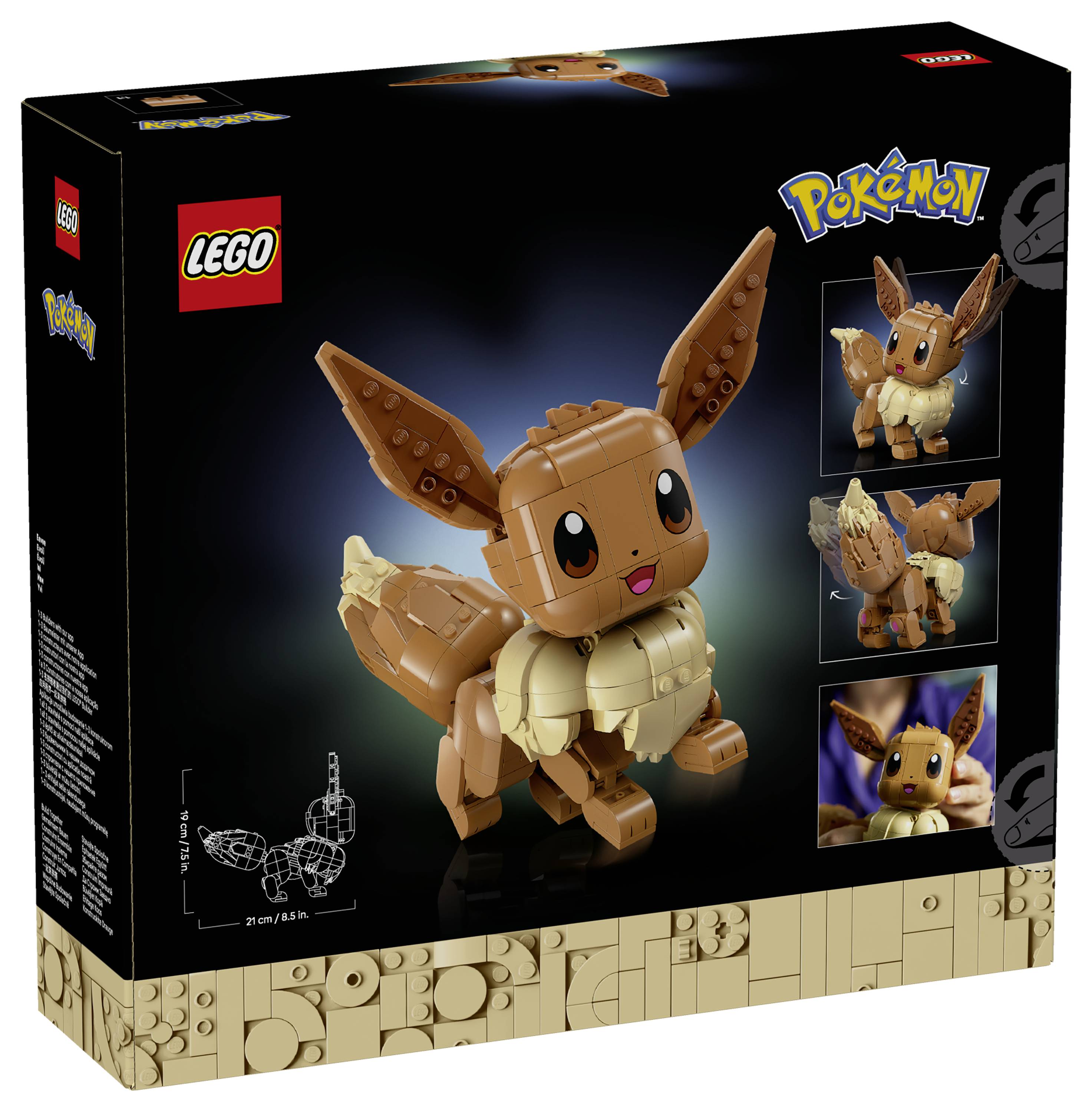 Stavebnica 'LEGO Pokémon Eevee'. Na obale je zobrazený model Eevee s pohyblivými časťami. Obsahuje obrázky znázorňujúce rôzne polohy a detaily.