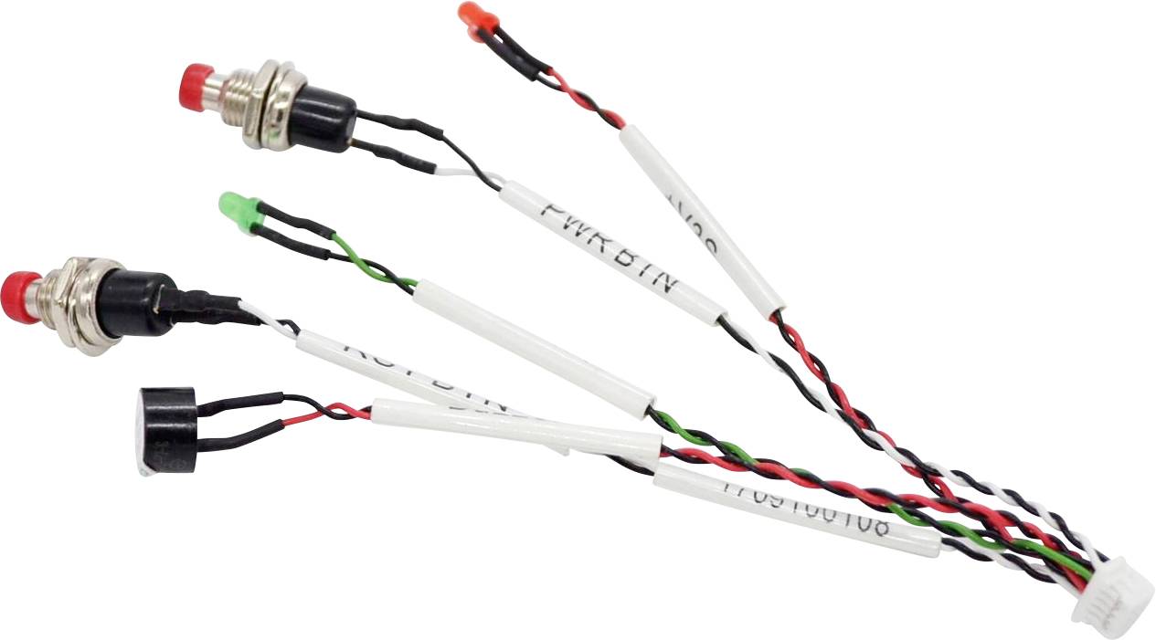 Niekoľko elektrických konektorov s farebnými vodičmi a označenými sekciami, pravdepodobne súčasť elektrónicej skupiny pre spínače alebo tlačidlá.