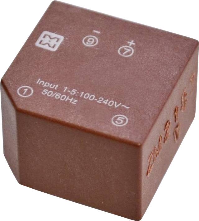Hnedý elektrický prvok označený "Input 1-5:100-240V~ 50/60Hz" so symbolmi plus a mínus a ďalšími číselnými značkami.