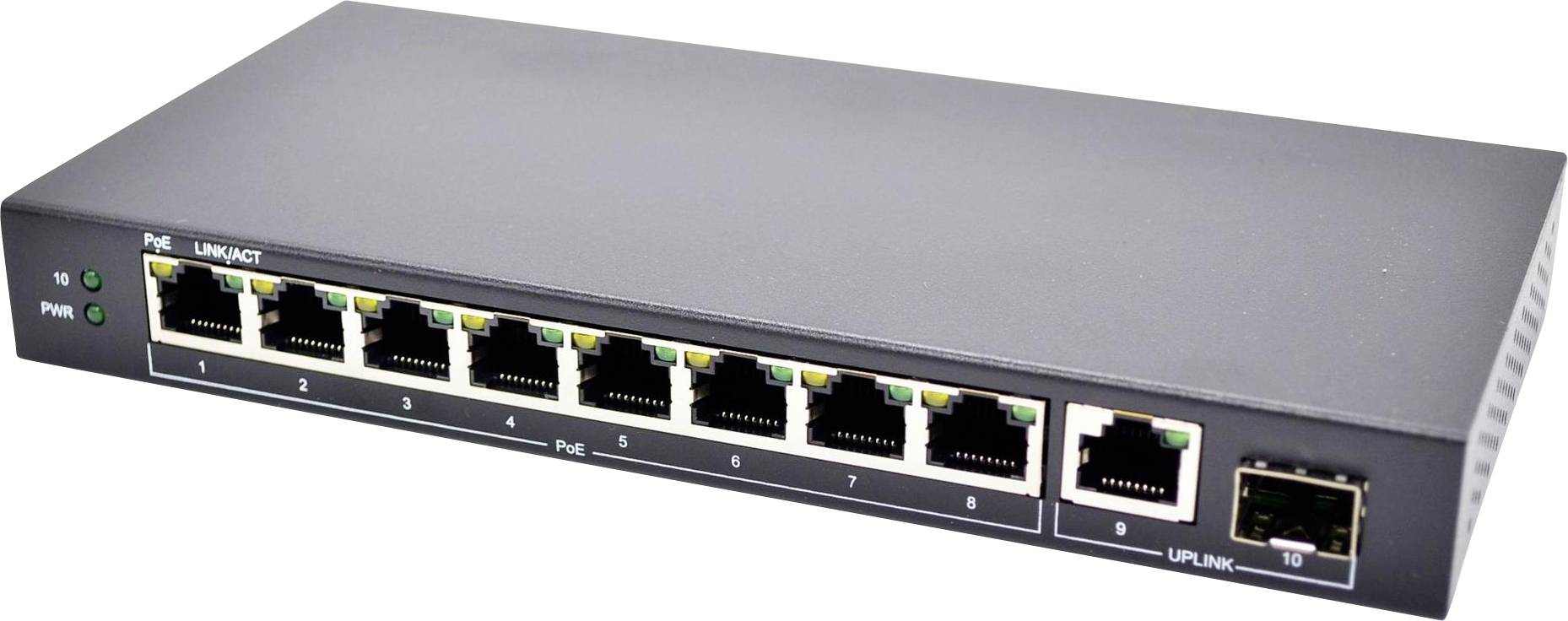 Sieťový prepínač s ôsmimi portami Ethernet a LED indikátormi pre stav napájania a stav pripojenia, používaný na správu dátového prevádzky v systéme.