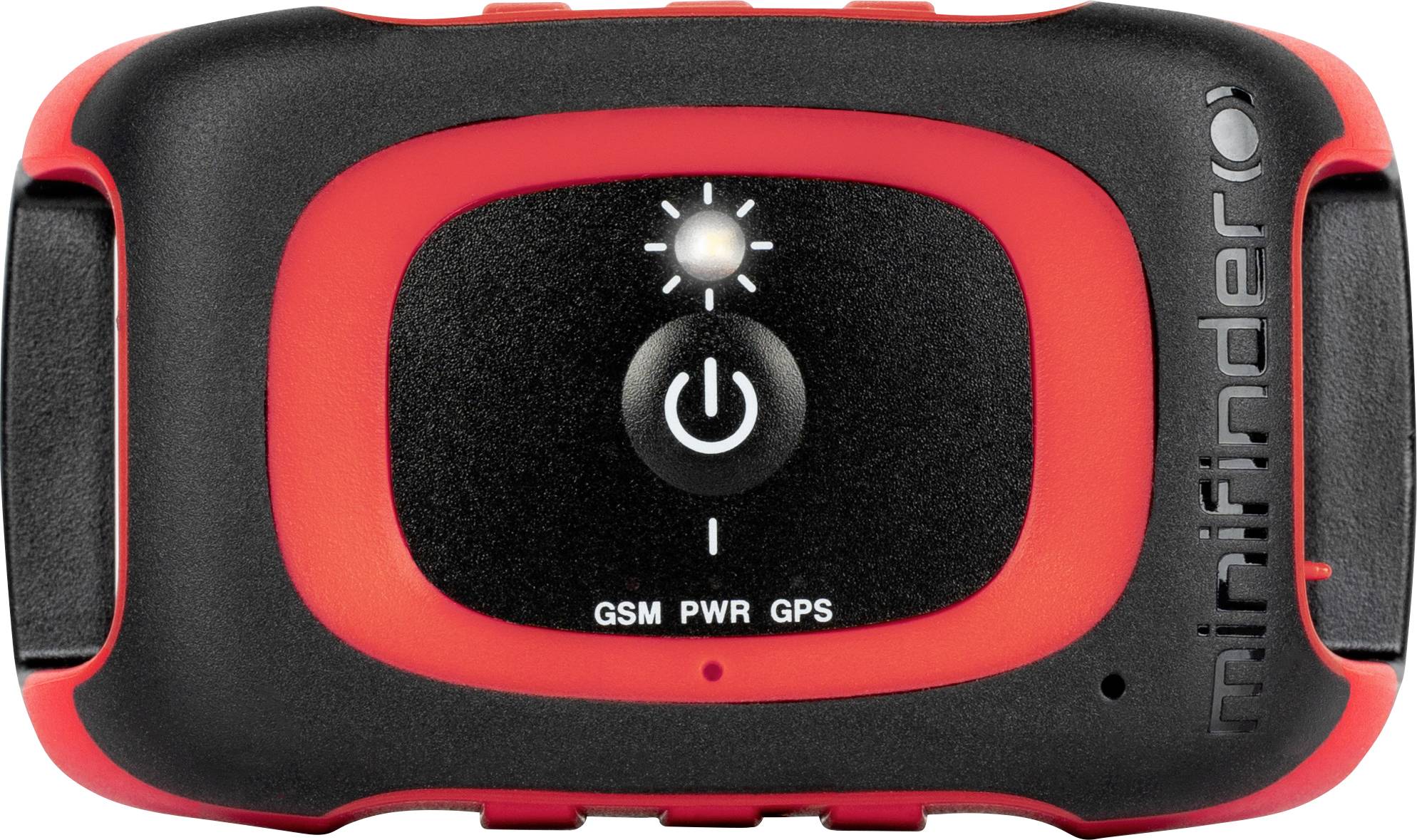 Malé, červeno-čierne GPS sledovacie zariadenie s centrálnym tlačidlom napájania a indikačnými svetlami na GPS, napájanie a stav GSM.