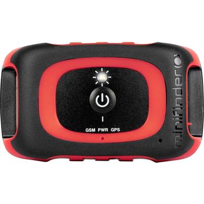 Malé, červeno-čierne GPS sledovacie zariadenie s centrálnym tlačidlom napájania a indikačnými svetlami na GPS, napájanie a stav GSM.