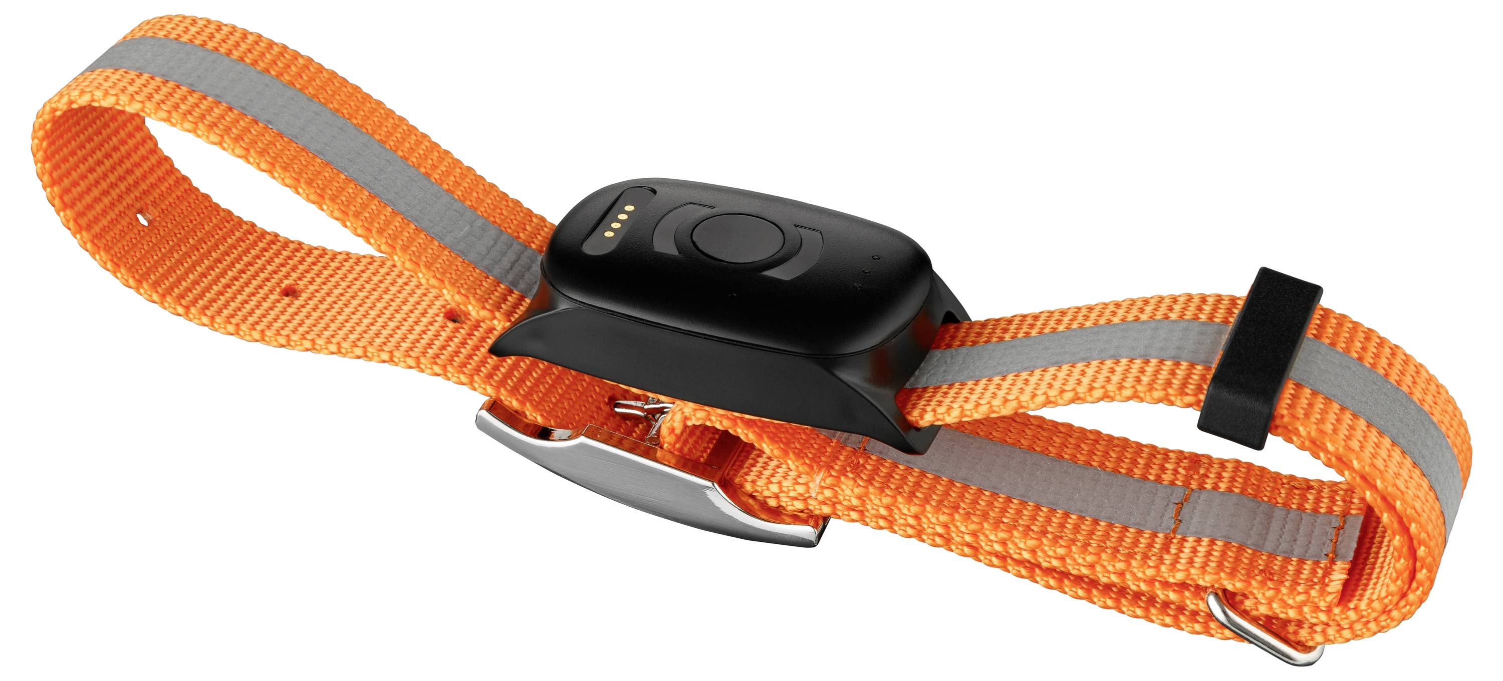 Oranžový psí obojok so sivým pruhom má malé čierne zariadenie s kovovými kontaktami, pravdepodobne určené na sledovanie alebo tréning.