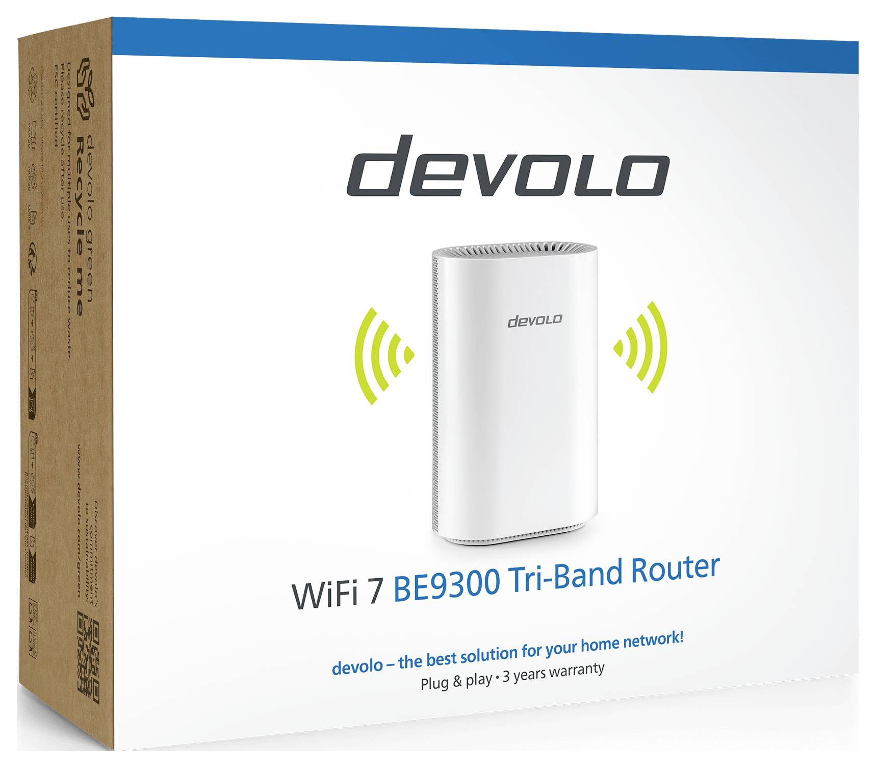 Balenie „Devolo WiFi 7 BE9300 Tri-Band Router" zobrazujúce biely smerovač so symbolmi signálu WiFi, pričom zdôrazňuje jeho sieťové schopnosti.