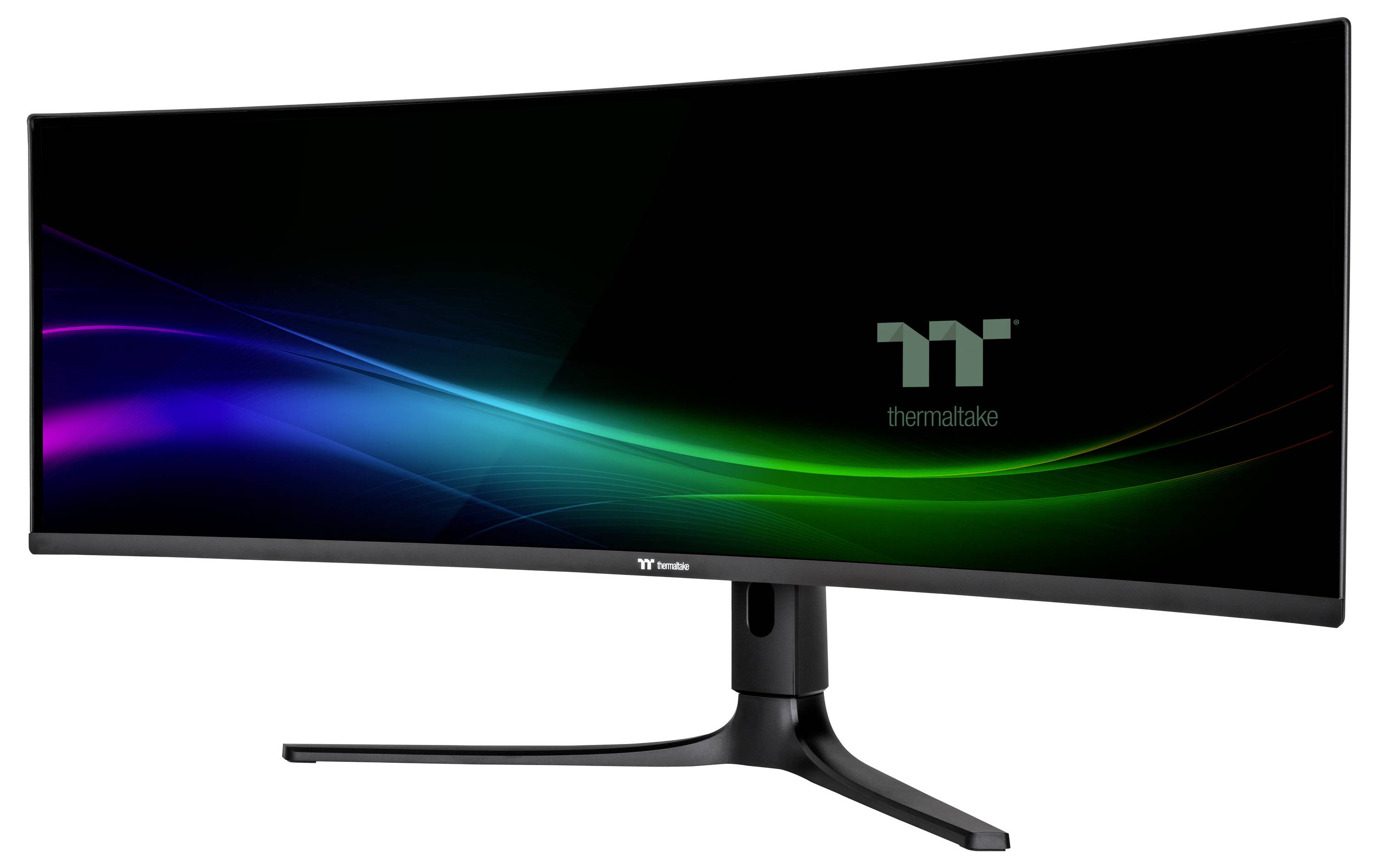 Široký, zaoblený počítačový monitor s čiernou obrazovkou zobrazujúcou logo "Thermaltake". Obrazovka ukazuje slabý, farebný vlnový vzor.