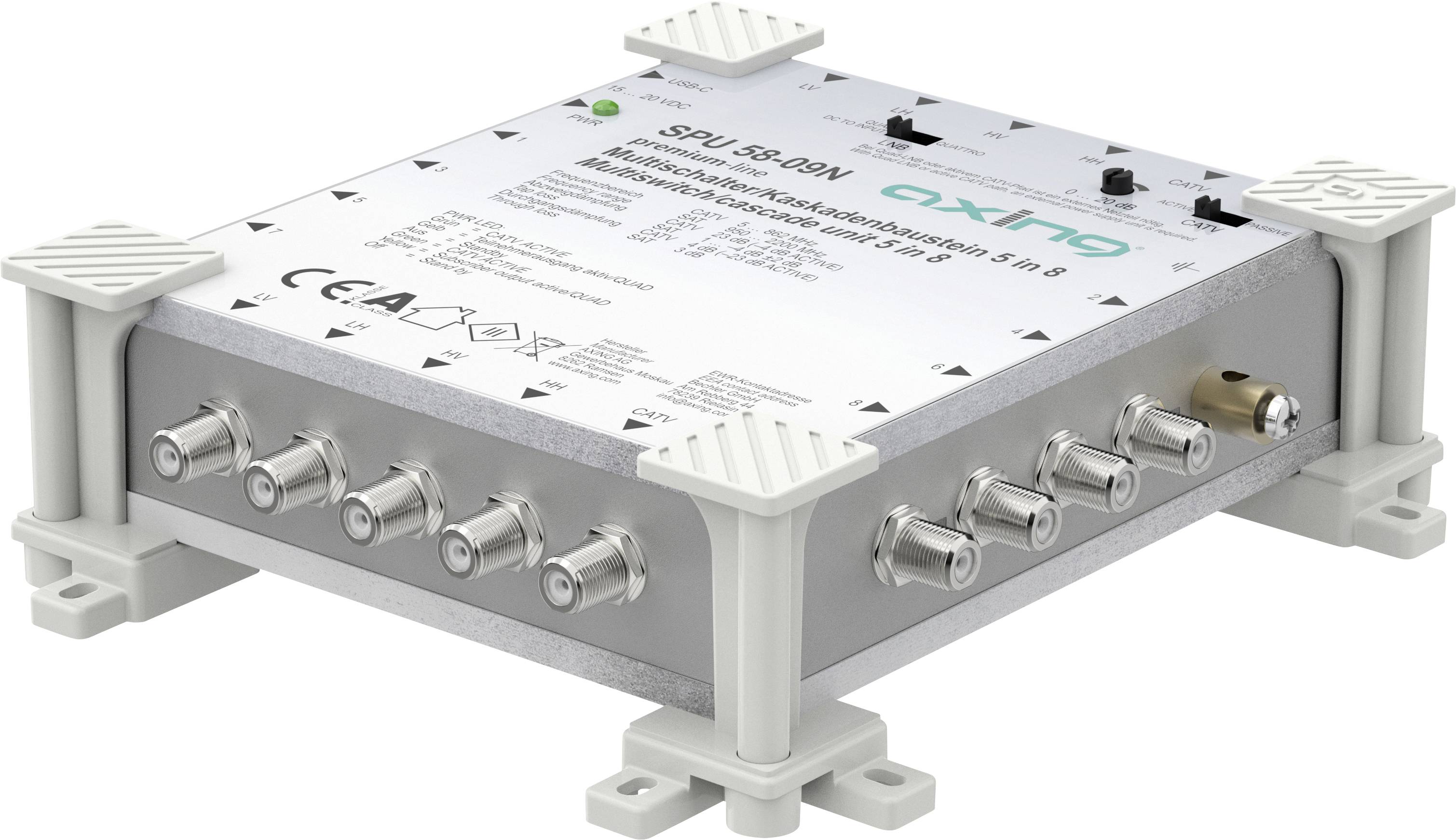 Sivé elektronické zariadenie s kabelmi a portami na bočných stranách. Na vrchu zobrazuje rôzne certifikácie a logo, používané na digitálne pripojenia.
