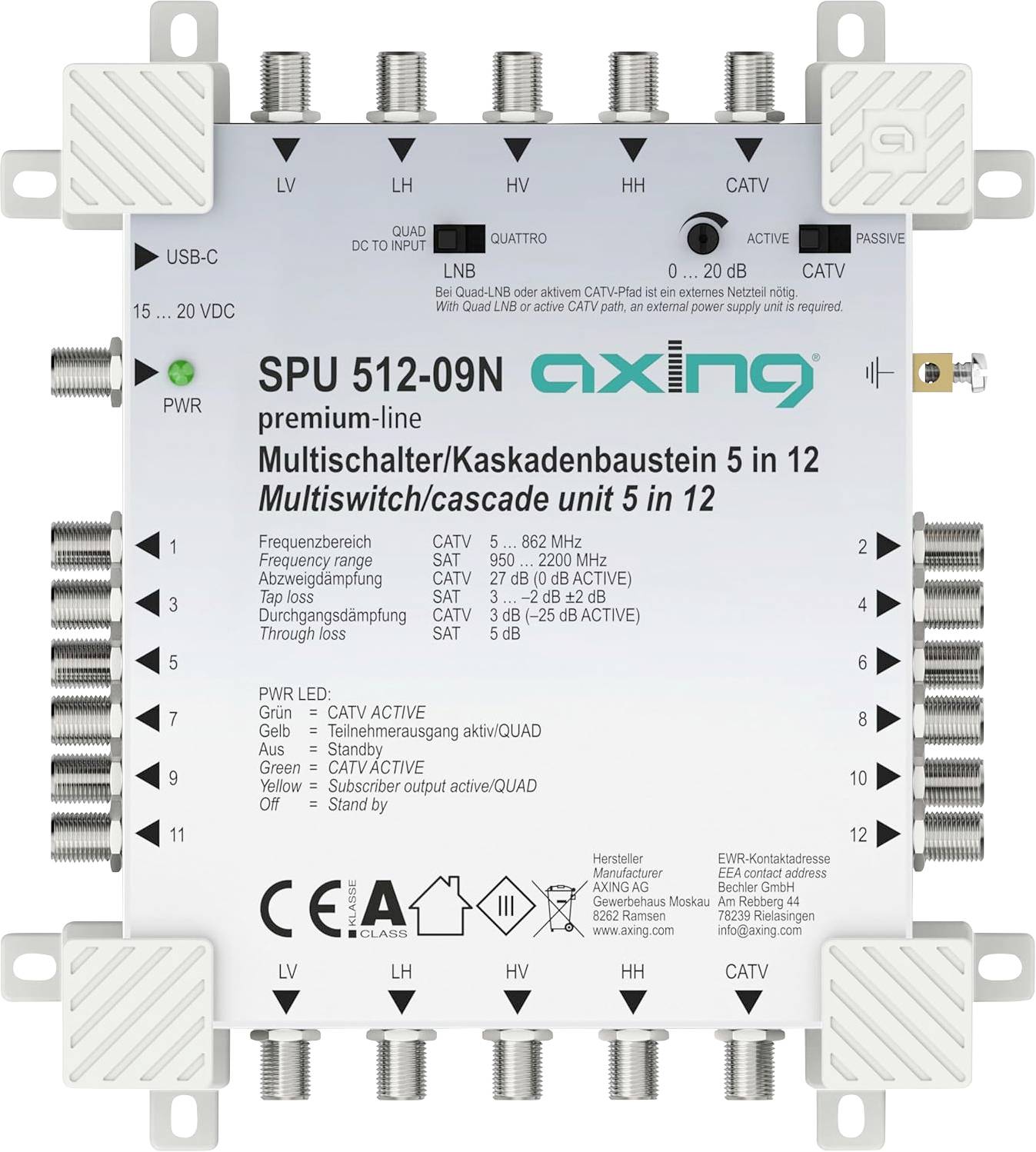 Jednotka Multiswitch/kaskáda 5 v 12 s viacerými portami na distribúciu satelitných signálov. Obsahuje špecifikácie výkonu a frekvencie.