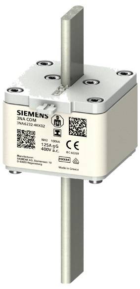 Elektrický konektor Siemens 3NA COM štvorcového tvaru s hodnotením 125A, 400V AC, s QR kódmi a detailami štítkov, vybavený vertikálnou kovovou tyčou.