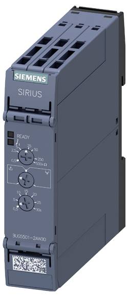 Relé Siemens SIRIUS, model 3UG5501-2AW30, zobrazené v tmavosivej farbe, s rôznymi nastaveniami priemeru označenými pre rôzne elektrické parametre.