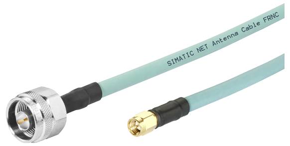 Tyrkysový koaxiálny kábel so značením SIMATIC NET Antenna Cable FRNC, s kovový konektor na jednom konci a zlatý konektor na druhom konci.