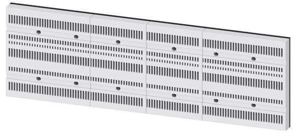 Dlhá, obdĺžniková ventilačná mriežka s viacerými vodorovnými lamelami a kruhovými upevňovacími prvkami rovnomerne rozmiestnenými po jej povrchu.