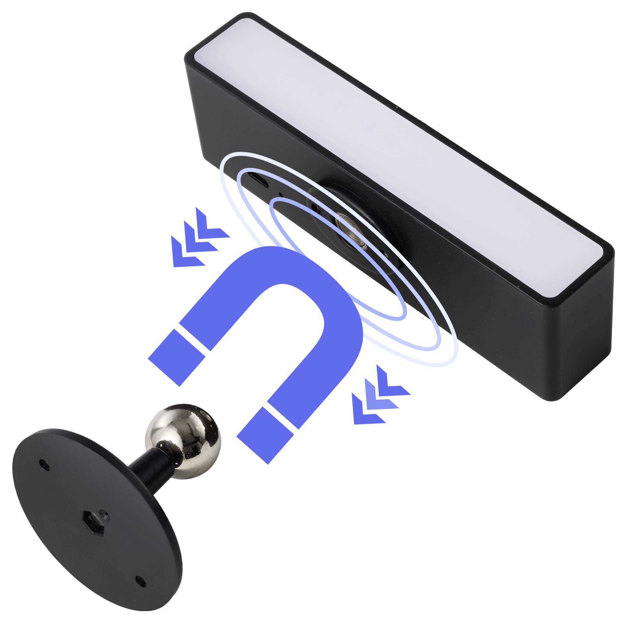 3D ilustrácia magnetického montážneho systému s magnetom a kovovou platňou, ktoré sa k sebe zaskakujú, ukazujúca magnetickú príťažlivosť a zarovnanie.