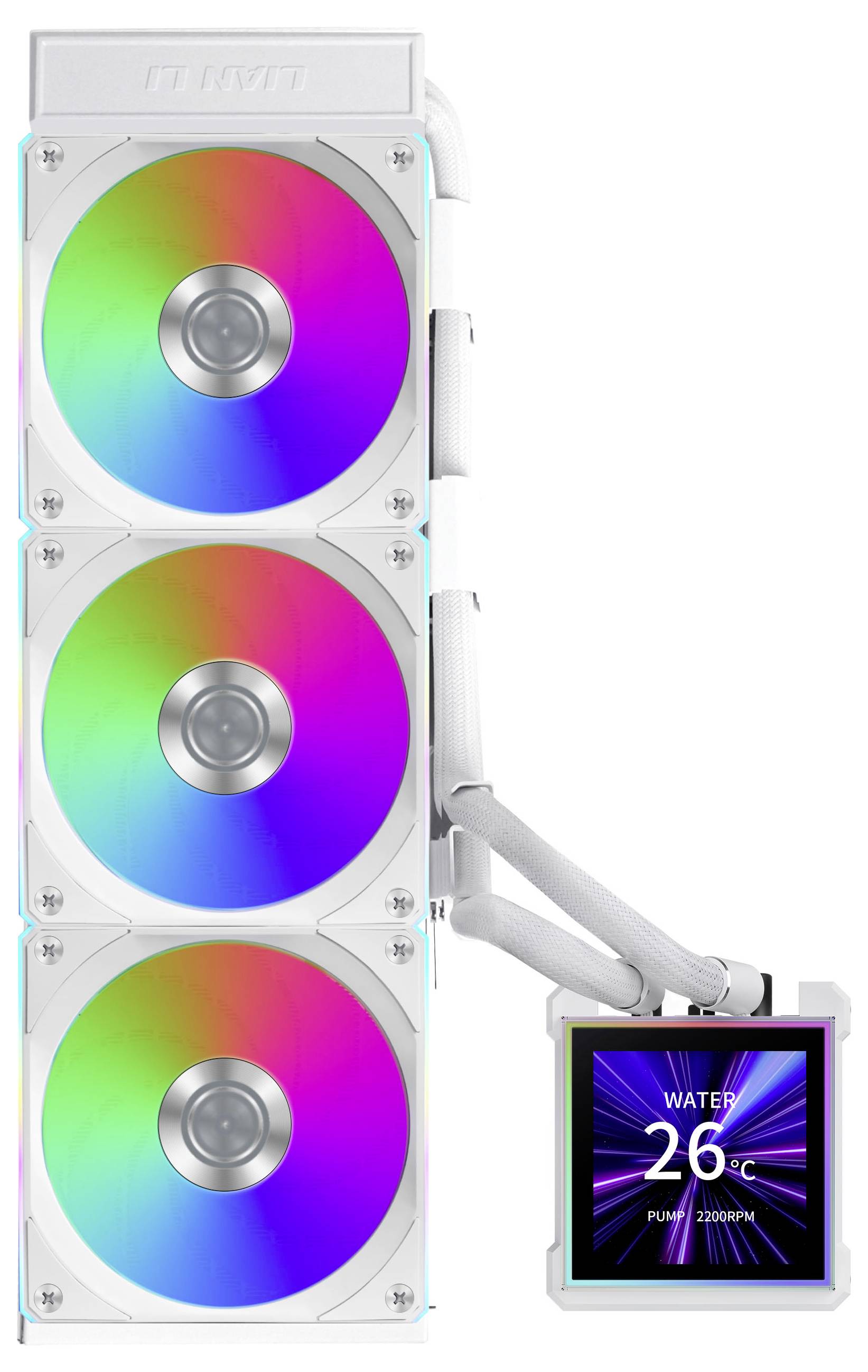 Systém chladenia počítača s tromi RGB ventilátoromami a digitálnym displejom zobrazujúcim teplotu vody na 26°C a rýchlosť čerpadla na 2200RPM.