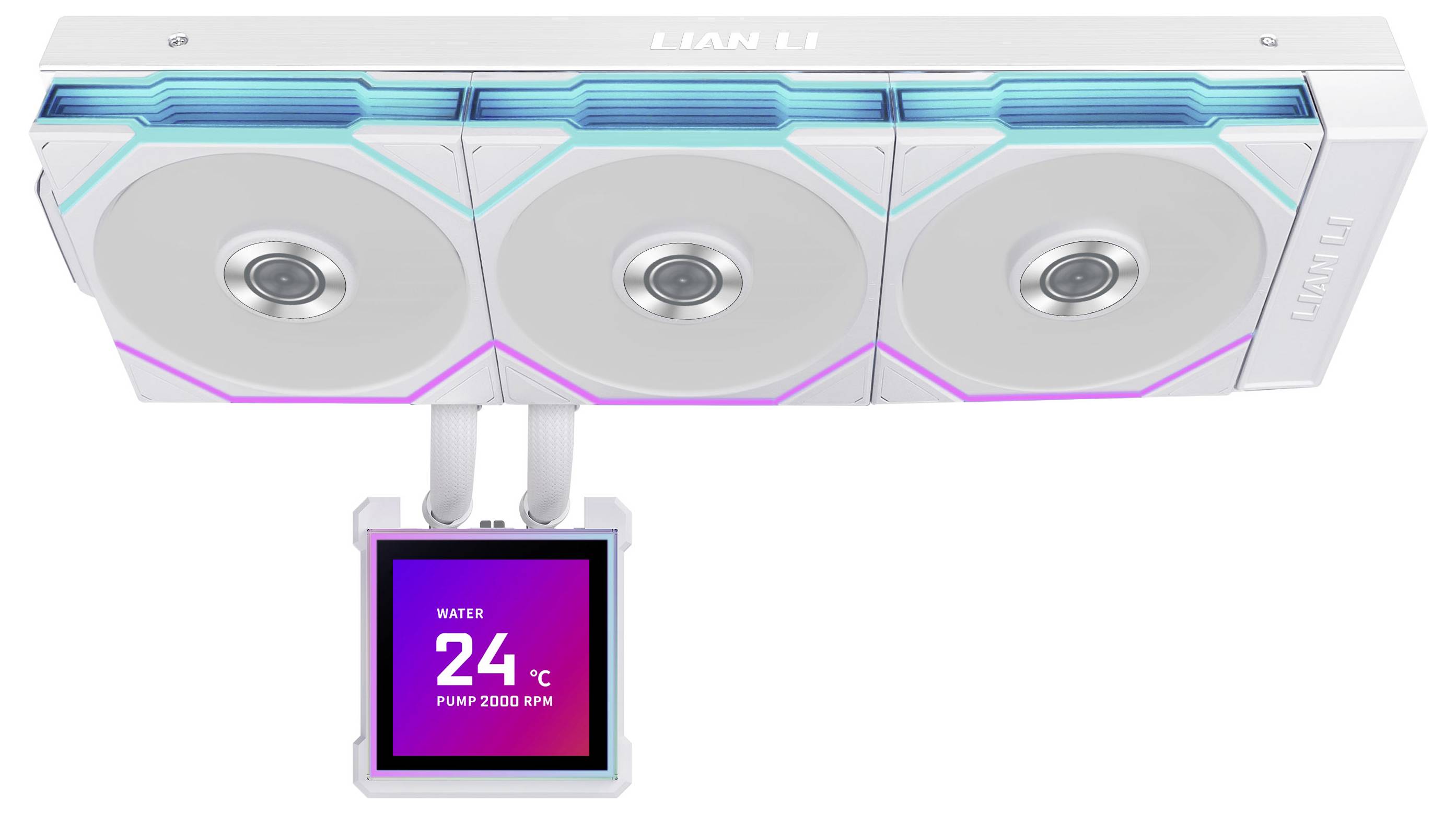 Ventilátor LIAN LI s RGB osvetlením a digitálnym displejom zobrazujúcim teplotu vody na 24°C a rýchlosť čerpadla na 2000 RPM.