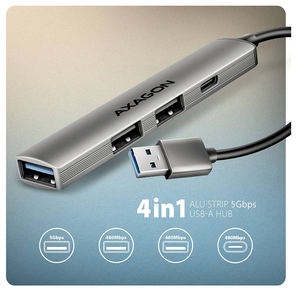 Axagon 4-v-1 USB-A hub s dizajnom hliníkového pásu, ponúkajúci rýchlosť 5Gbps pre USB 3.0 a 480Mbps pre ostatné porty. Vhodný na prenos údajov.