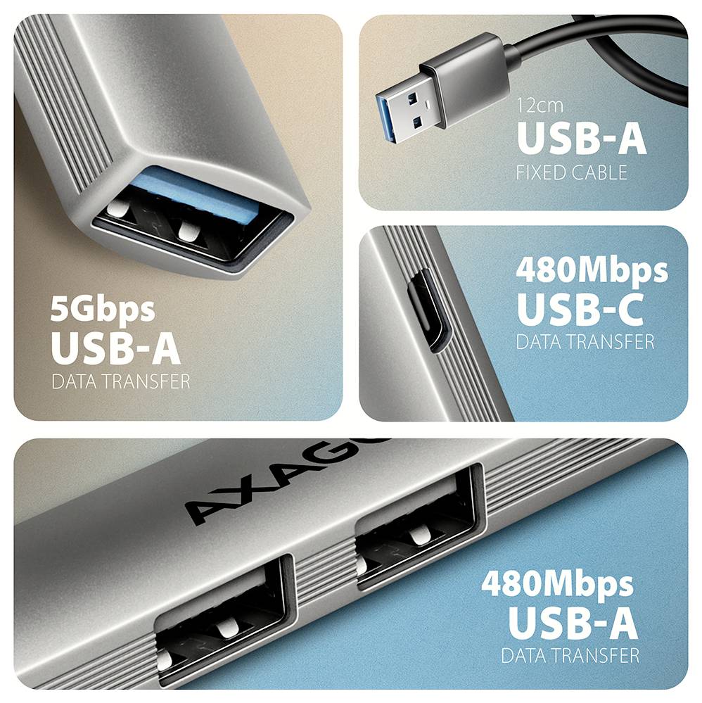 USB hub s viacerými portami, vrátane USB-A a USB-C, umožňuje rýchlosti prenosu údajov 5Gbps a 480Mbps. Kábel USB-A je dlhý 12cm.