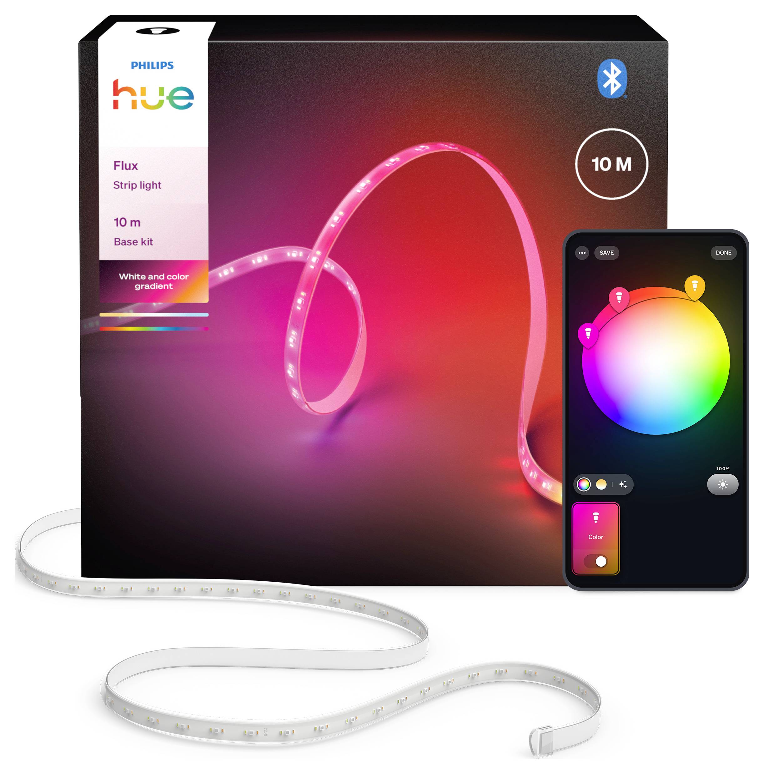 Philips Hue 10m svetelný pás Flux s balením zobrazujúcim obrazovku smartfónu s možnosťami farieb a ovládacími prvkami na prispôsobenie osvetlenia.