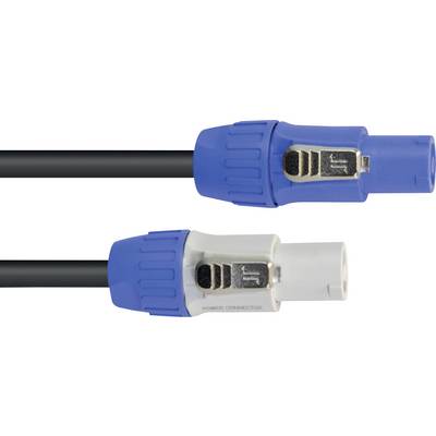 Elektrické konektory s modrými a bielymi uzamykacími mechanizmami na čiernych kábľoch, používané na bezpečné elektrické pripojenia.