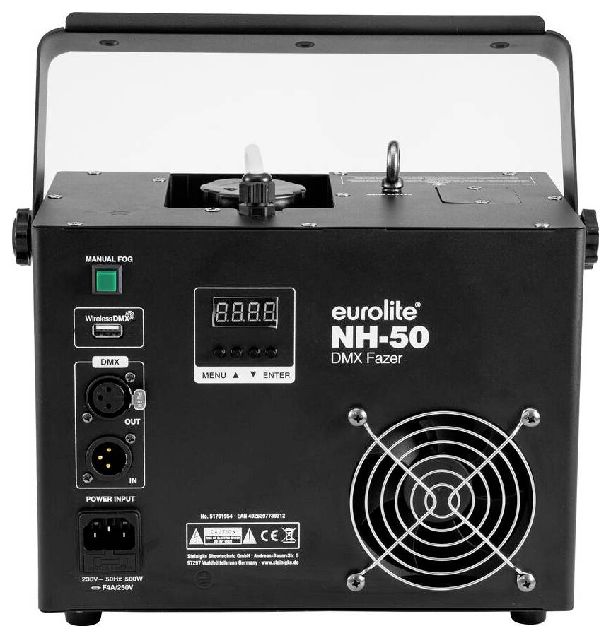 Stroj "Eurolite NH-50 DMX Fazer" s digitálnym displejom, ovládacími tlačidlami, vstupmi napájania a ventilátorom na zadnom paneli.