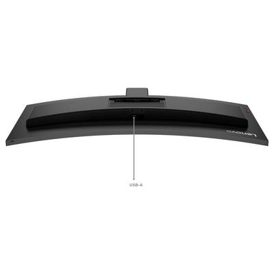 Pohľad zhora na zakrivený monitor Lenovo s portom USB-A na zadnej strane, zvýrazneným čiarou, ktorá na neho ukazuje.