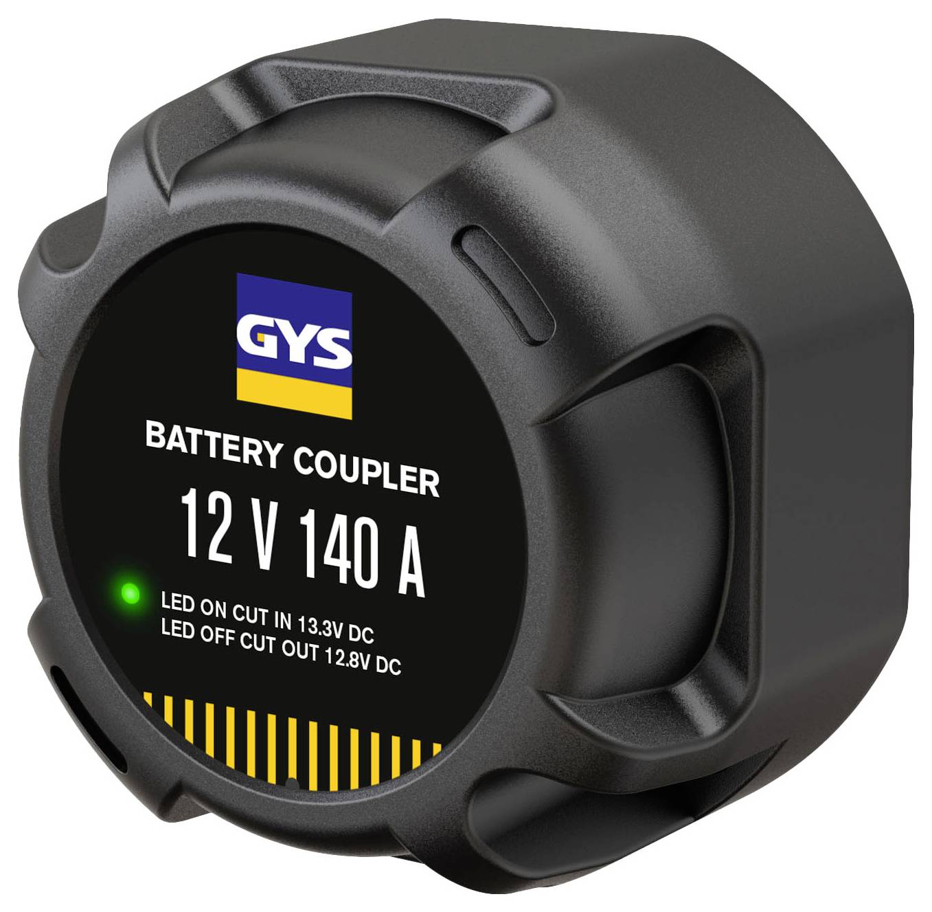 Príslušenstvo GYS Battery Coupler, 12V 140A, s LED indikátormi pre napätie pripojenia a odpojenia. Čierny obal s žltým a modrým branding.