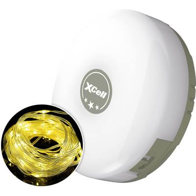 Kruhové biele LED svetlo s logom 'Xcell', znázornené spolu s cievkou zlatých reťazových svetiel, čo naznačuje schopnosti osvetlenia.